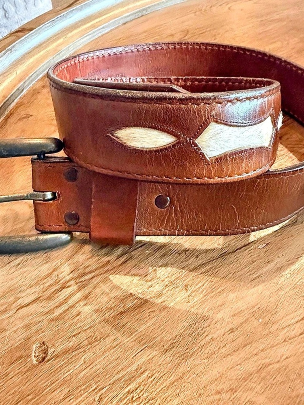 Vintage Old West Trading Post Leather Calf Hair Inlay Belt